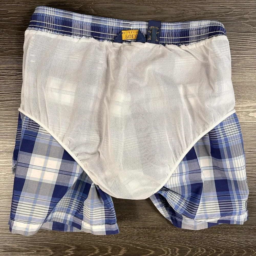 Polo Ralph Lauren Mens Swim Shorts Trunks Blue Plaid‎ XL Lined Resortwear Beach